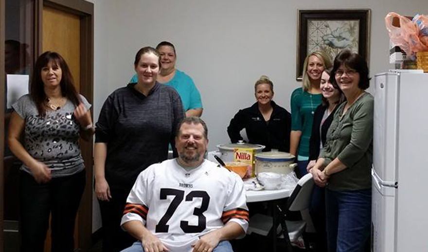 Team members in the break room