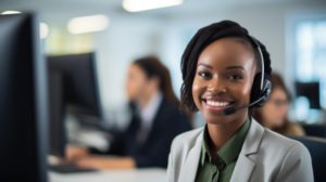 smiling woman with a phone headset on